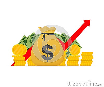 Profit money or budget. Cash and rising graph arrow up, concept of business success. Capital earnings, benefit. Vector Illustration